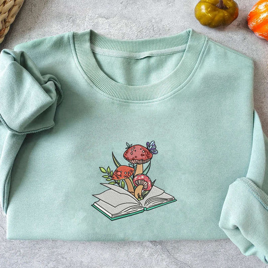 Eembroidered Custom Sweatshirts, Mushroom Book Embroidered Crewneck Sweatshirt, Mushroom And Book Sweatshirt For Book Lovers, Christmas Gift