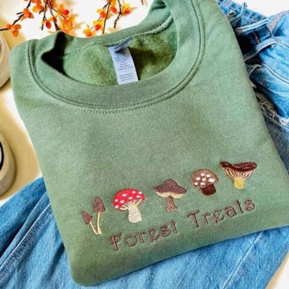 Eembroidered Custom Sweatshirts, Mushroom Embroidered Sweatshirt 2D Crewneck Sweatshirt For Family, Christmas Gift