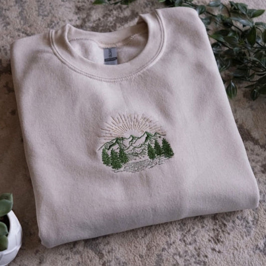 Eembroidered Custom Sweatshirts, Outdoor Mountain Scenery Embroidered Sweatshirt 2D Crewneck Sweatshirt Best Gift For Family, Christmas Gift