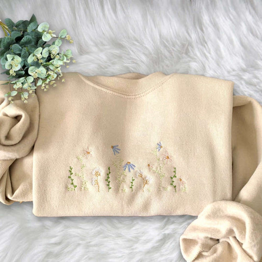 Eembroidered Custom Sweatshirts, Pastel Floral Embroidered Sweatshirt Crewneck Sweatshirt Gift For Family, Christmas Gift