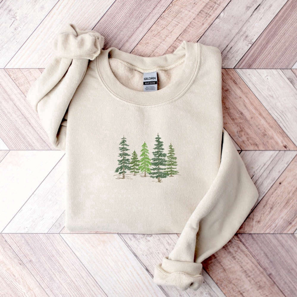 Eembroidered Custom Sweatshirts, Pine Tree Embroidered Sweatshirt 2D Crewneck Sweatshirt For Women And Men, Christmas Gift