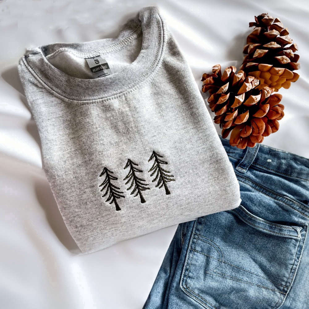 Eembroidered Custom Sweatshirts, Pine Tree Embroidered Sweatshirt, Christmas Crewneck Sweatshirt For Family, Christmas Gift