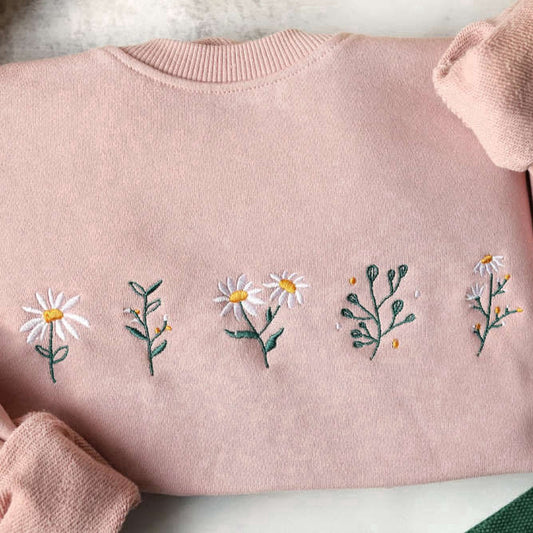 Eembroidered Custom Sweatshirts, Pink Daisy Embroidered Sweatshirt 2D Crewneck Sweatshirt For Family, Christmas Gift