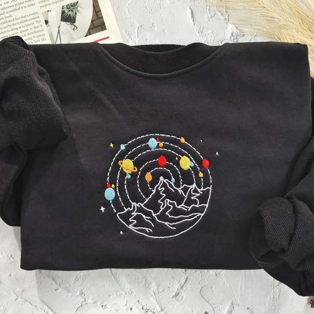 Eembroidered Custom Sweatshirts, Planets And Mountain Embroidered Sweatshirt 2D Crewneck Sweatshirt Best Gift For Family, Christmas Gift