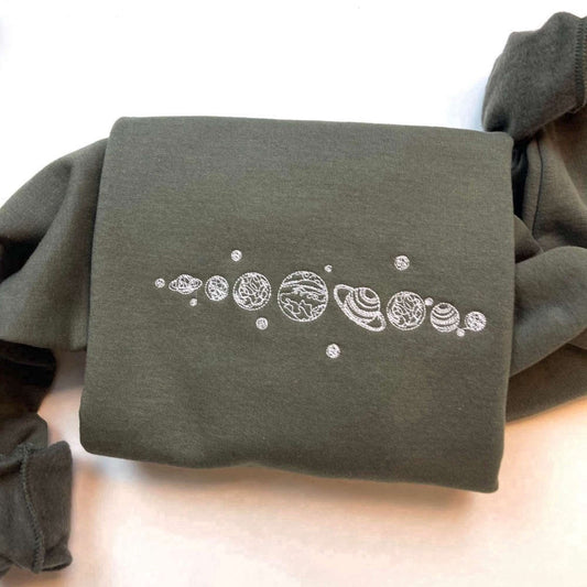 Eembroidered Custom Sweatshirts, Planets Embroidered Sweatshirt 2D Crewneck Sweatshirt For Family, Christmas Gift