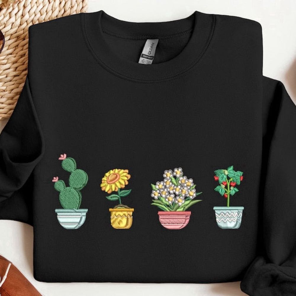 Eembroidered Custom Sweatshirts, Pot Plants Embroidered Sweatshirt 2D Crewneck Sweatshirt For Men Women, Christmas Gift