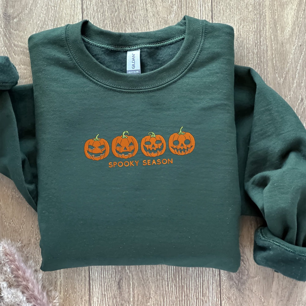 Eembroidered Custom Sweatshirts, Pumpkin Sweatshirt, Fall Spooky Season Sweatshirt Embroidered For Halloween, Christmas Gift