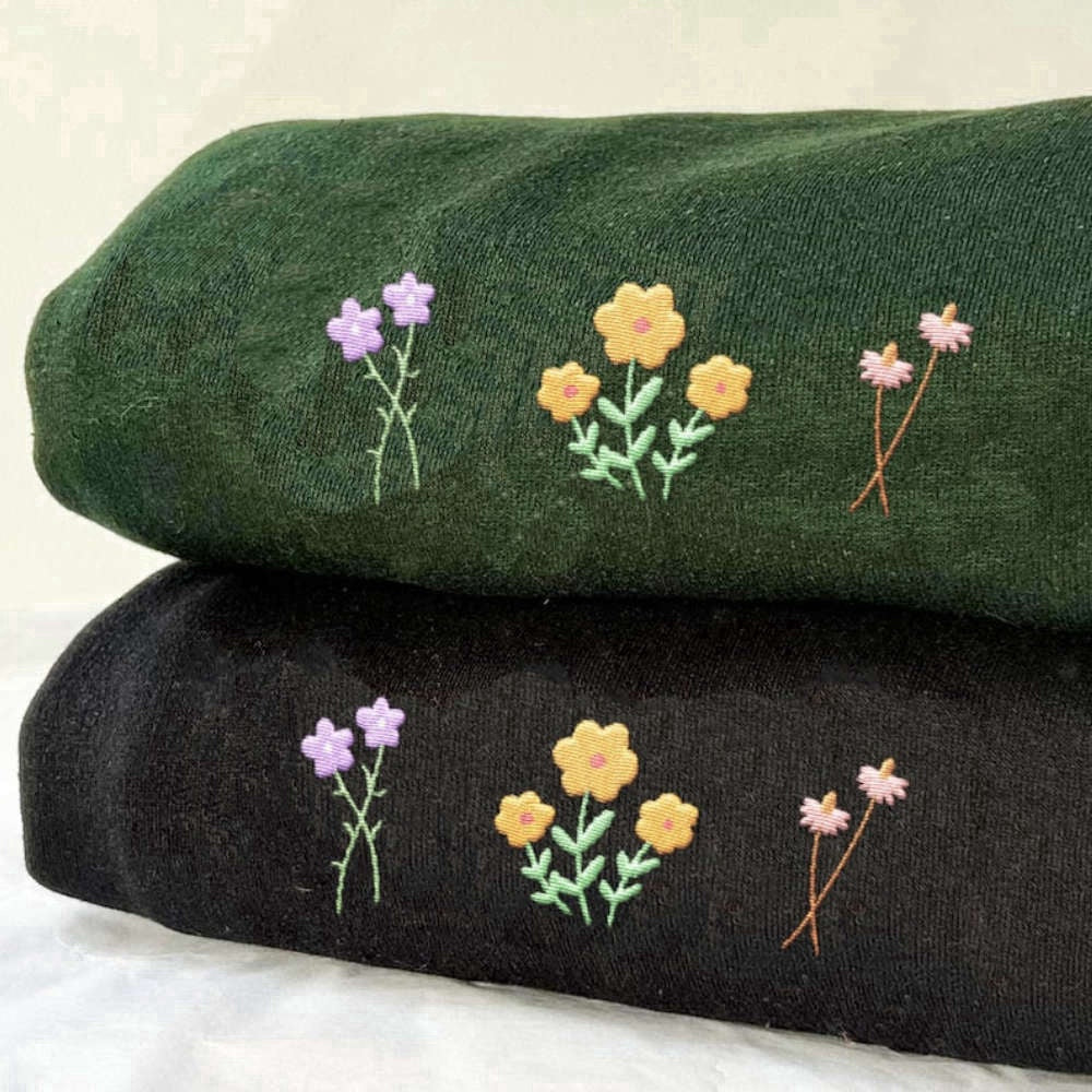 Eembroidered Custom Sweatshirts, Purple Wildflower Embroidered Sweatshirt 2D Crewneck Sweatshirt Gift For Family, Christmas Gift