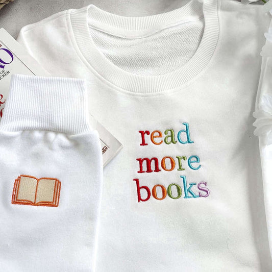 Eembroidered Custom Sweatshirts, Read More Books Embroidered Sweatshirt 2D Crewneck Sweatshirt Gift For Family, Christmas Gift