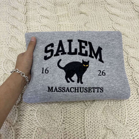 Eembroidered Custom Sweatshirts, Salem Massachusetts Embroidered Sweatshirt 2D Crewneck Sweatshirt Gift For Pet Lover, Christmas Gift