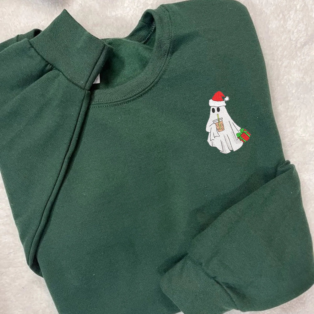 Eembroidered Custom Sweatshirts, Santa Ghost Christmas Sweatshirt Embroidered Christmas Sweatshirt, Christmas Gift