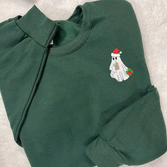 Eembroidered Custom Sweatshirts, Santa Ghost Christmas Sweatshirt Embroidered Christmas Sweatshirt, Christmas Gift