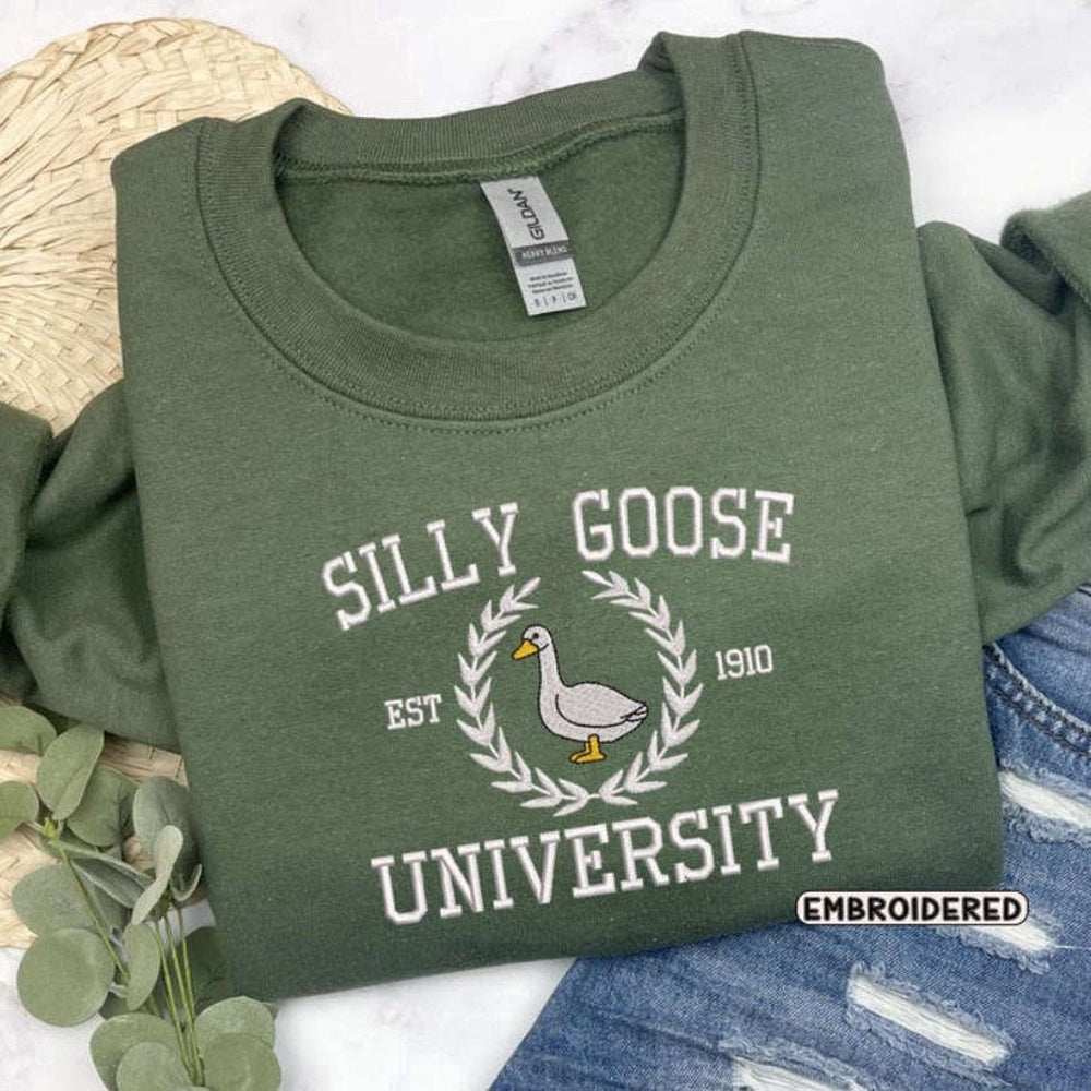 Eembroidered Custom Sweatshirts, Silly Goose University Embroidered Sweatshirt 2D Crewneck Sweatshirt For Men Women, Christmas Gift