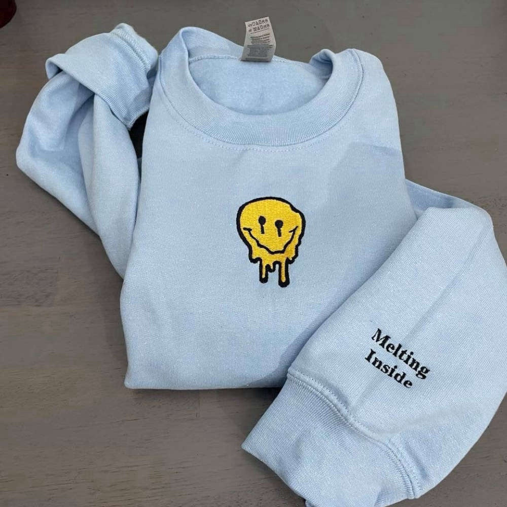 Eembroidered Custom Sweatshirts, Smiley Face Embroidered Sweatshirt Melted Smiley Face Crewneck Gift For Family, Christmas Gift