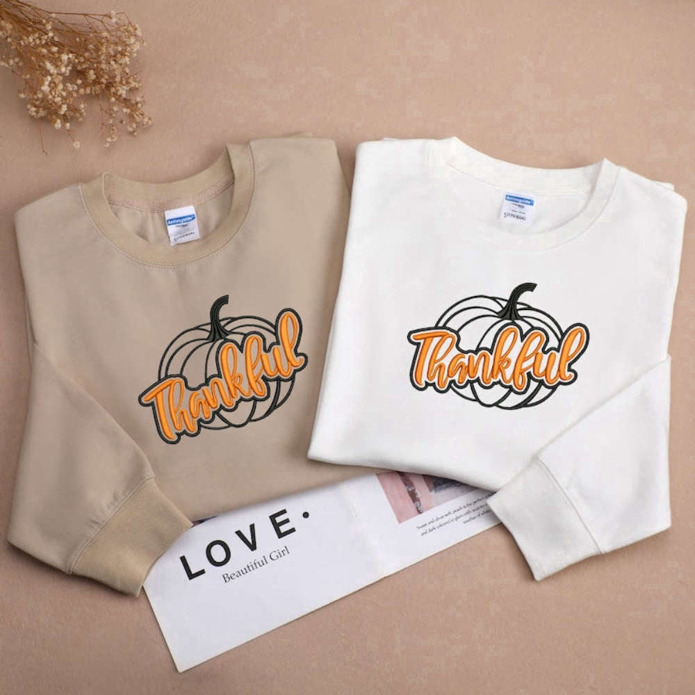 Eembroidered Custom Sweatshirts, Thanksgiving Pumpink Fall Embroidered Sweatshirt 2D Crewneck Sweatshirt For Men And Women, Christmas Gift