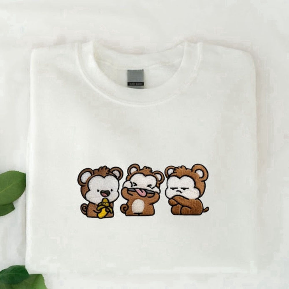 Eembroidered Custom Sweatshirts, Three Monkey Embroidered Sweatshirt 2D Crewneck Sweatshirt For Family, Christmas Gift