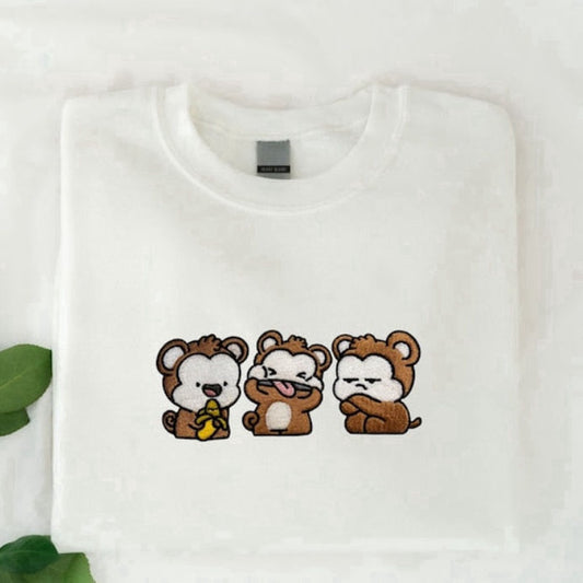 Eembroidered Custom Sweatshirts, Three Monkey Embroidered Sweatshirt 2D Crewneck Sweatshirt For Family, Christmas Gift