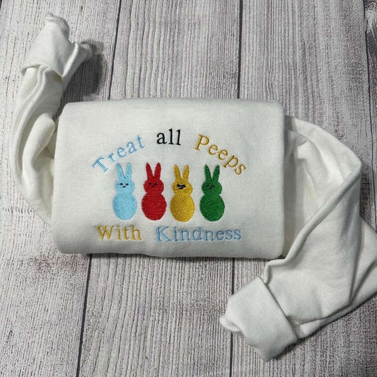 Eembroidered Custom Sweatshirts, Treat Peeps With Kindness Embroidered Sweatshirt 2D Crewneck Sweatshirt Gift For Family, Christmas Gift
