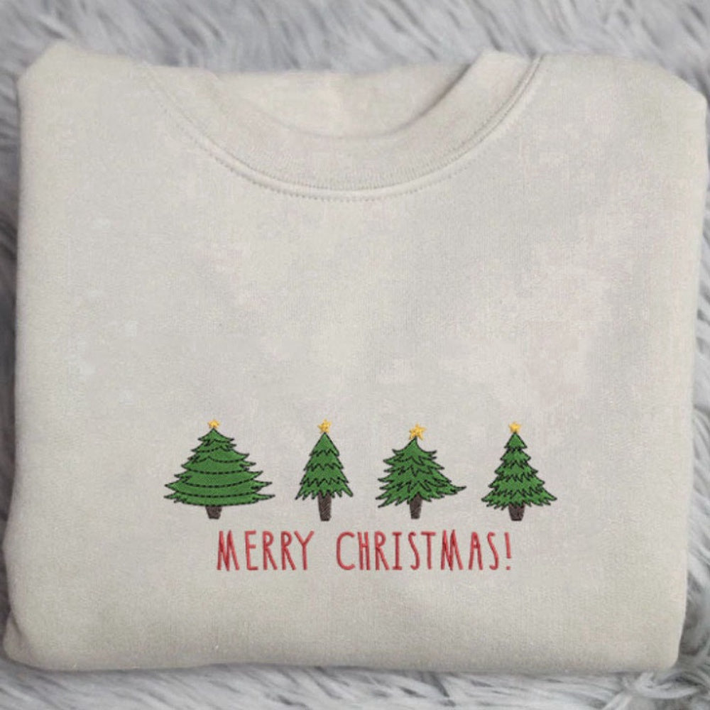 Eembroidered Custom Sweatshirts, Tree Christmas Embroidery Sweatshirt, Embroidery Crewneck Sweatshirt For Family, Christmas Gift