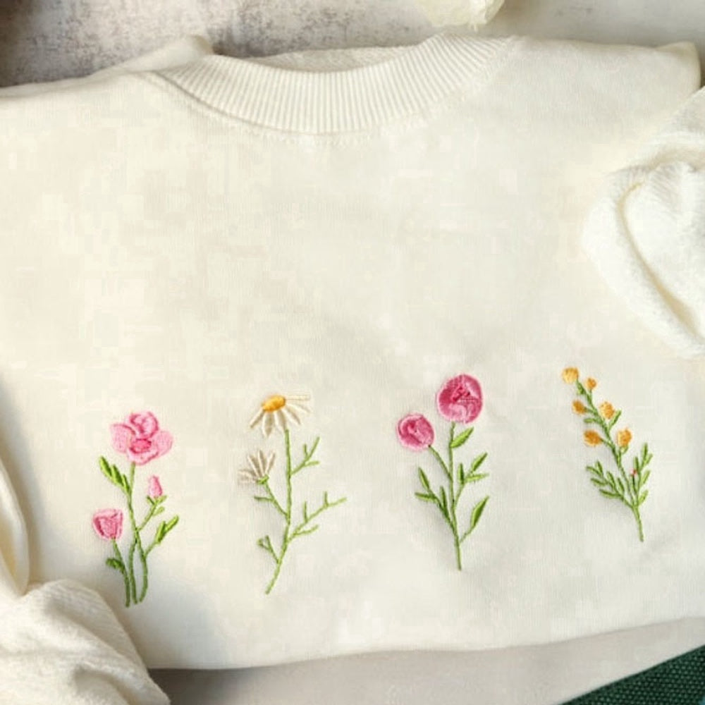 Eembroidered Custom Sweatshirts, Wildflowers Embroidered Sweatshirt 2D Crewneck Sweatshirt Best For Family, Christmas Gift