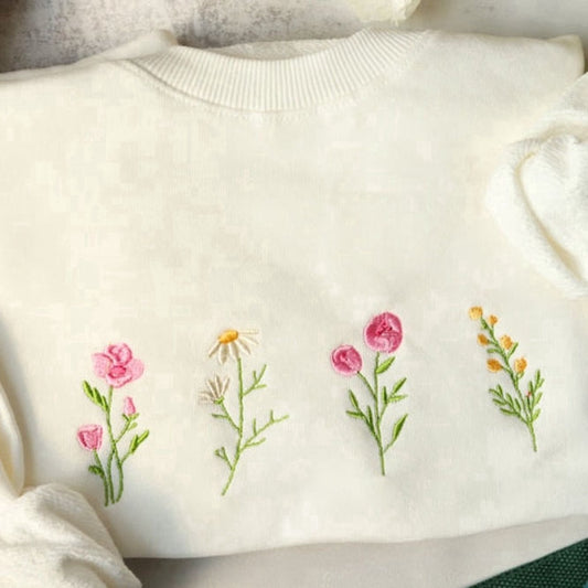 Eembroidered Custom Sweatshirts, Wildflowers Embroidered Sweatshirt 2D Crewneck Sweatshirt Best For Family, Christmas Gift