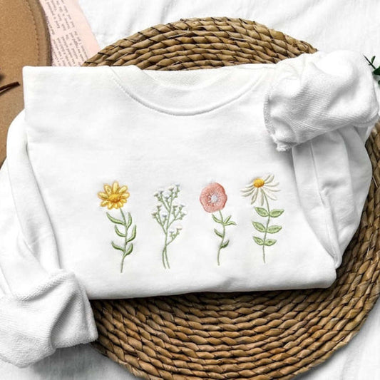 Eembroidered Custom Sweatshirts, Wildflowers Embroidered Sweatshirt 2D Crewneck Sweatshirt Best Gift For Family, Christmas Gift