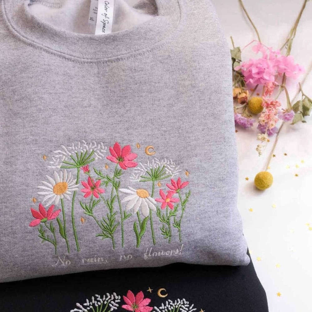 Eembroidered Custom Sweatshirts, Wildflowers Embroidered Sweatshirt 2D Crewneck Sweatshirt For Men And Women, Christmas Gift