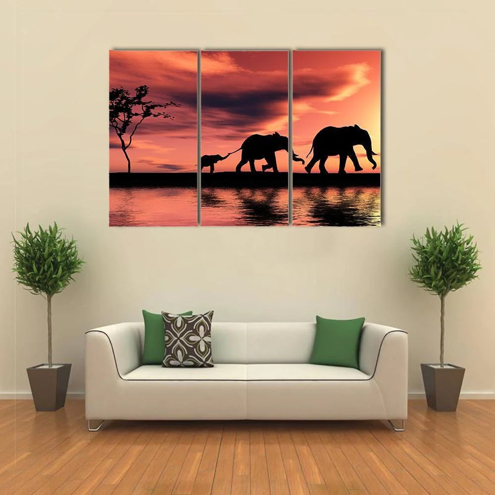 Elephant Family Silhouette Canvas Wall Art Decor