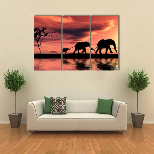 Elephant Family Silhouette Canvas Wall Art Decor
