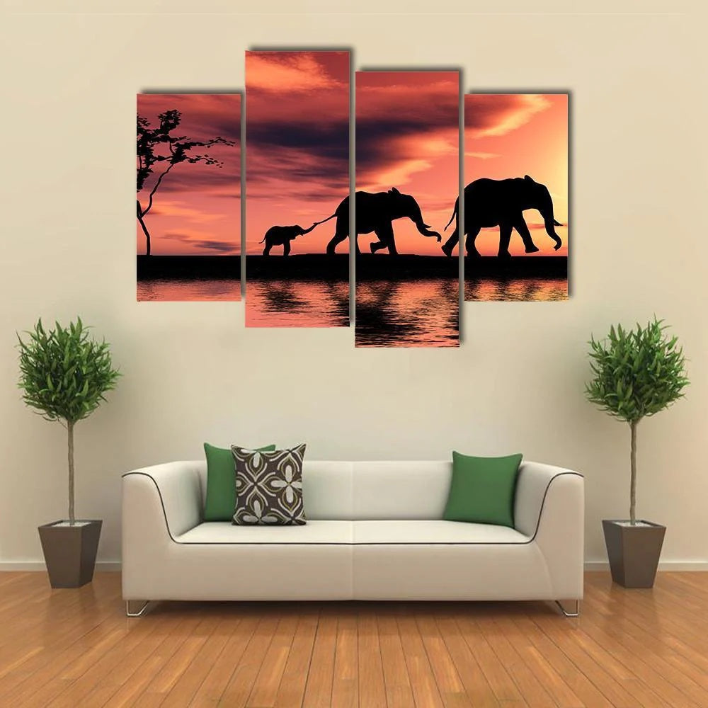 Elephant Family Silhouette Canvas Wall Art Decor
