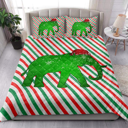 Elephant Quilt Set, Elephantmas Hat Cane Candy Stripes Shiny Green Winter Holiday Quilt Blanket