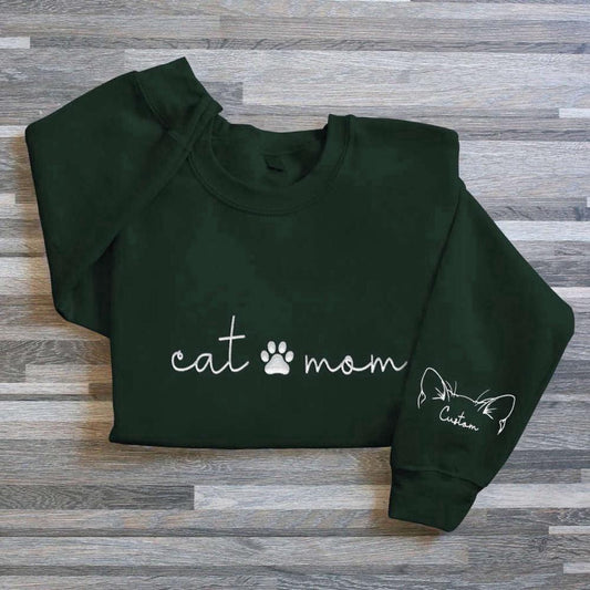 Embroidered Christmas Sweatshirts, Cat Mom Embroidered Sweatshirt, Custom Mama Sweatshirt With Pet Names For Cat Lover