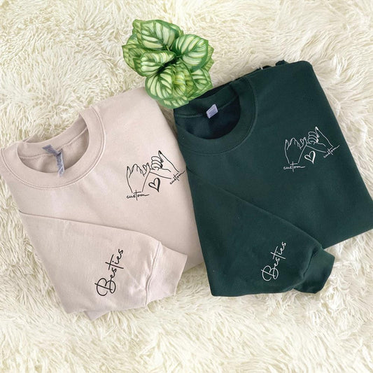 Embroidered Christmas Sweatshirts, Custom Best Friend Sweatshirt With Embroidered Promise Hand And Besties Initial On Sleeve