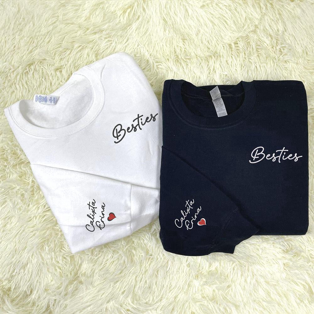 Embroidered Christmas Sweatshirts, Custom Besties Sweatshirt With Pocket Embroidery, Icon Name On Sleeve