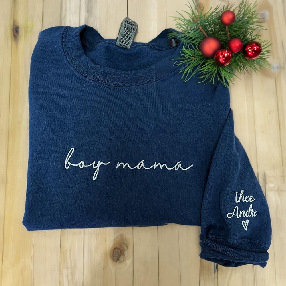 Embroidered Christmas Sweatshirts, Custom Boy Mama Sweatshirt Est 2024 Embroidered With Initial Heart Sleeve