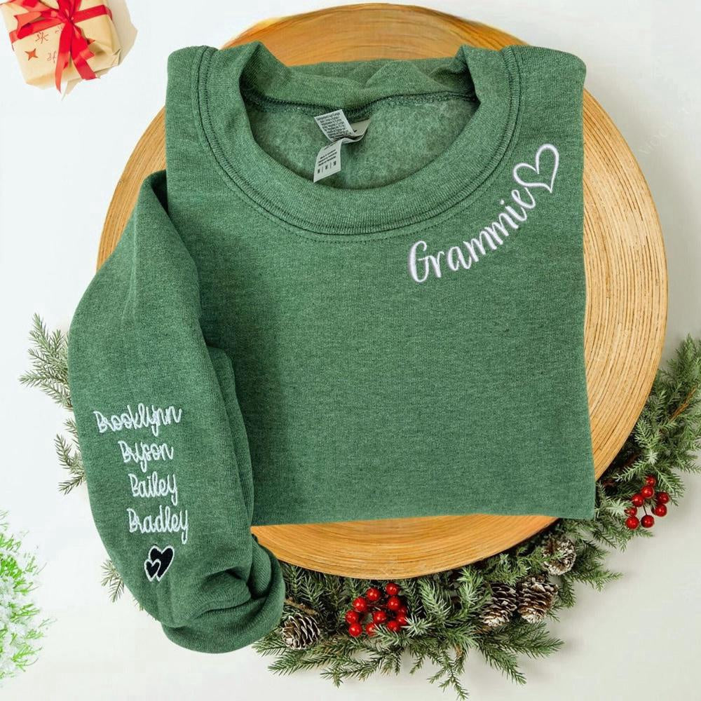 Embroidered Christmas Sweatshirts, Custom Embroidered Grammie Sweatshirt With Names On Sleeve, Personalized Gift For Grammie