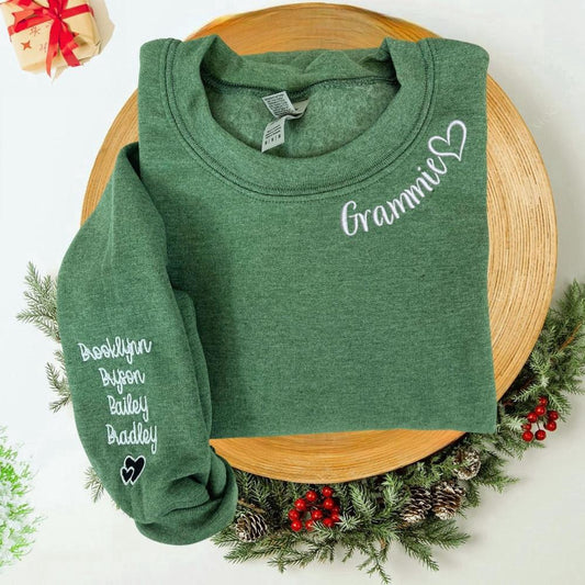 Embroidered Christmas Sweatshirts, Custom Embroidered Grammie Sweatshirt With Names On Sleeve, Personalized Gift For Grammie