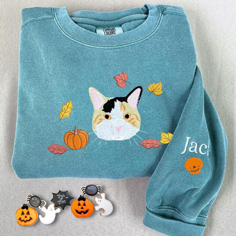 Embroidered Christmas Sweatshirts, Custom Embroidered Halloween Cat Portrait Sweatshirt