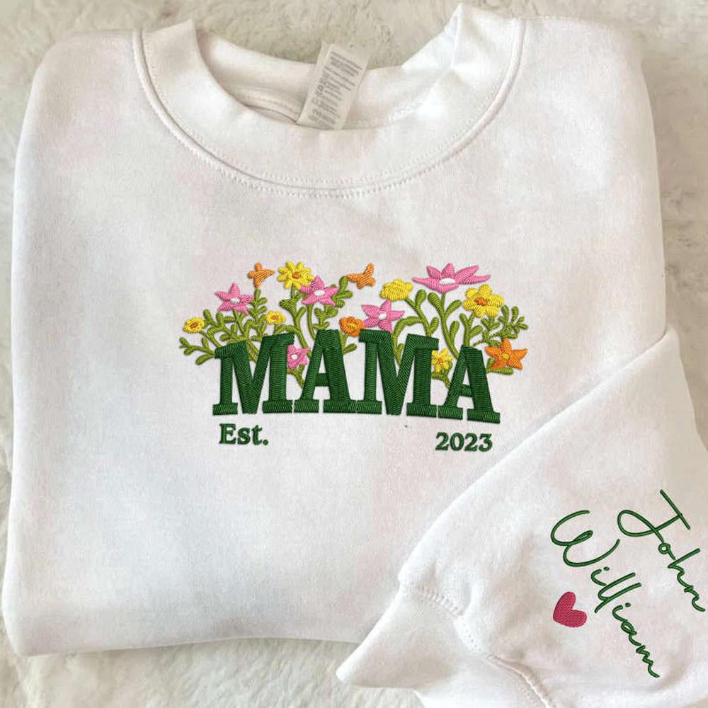 Embroidered Christmas Sweatshirts, Custom Embroidered Mama Sweatshirt, Floral Embroidered Sweatshirt Gift For Mom