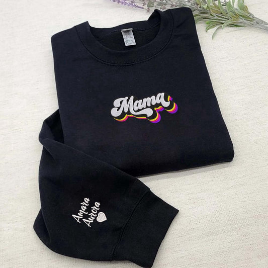 Embroidered Christmas Sweatshirts, Custom Embroidered Mama Sweatshirt, Personalized Sweatshirt With Icon Or Initial On Sleeve