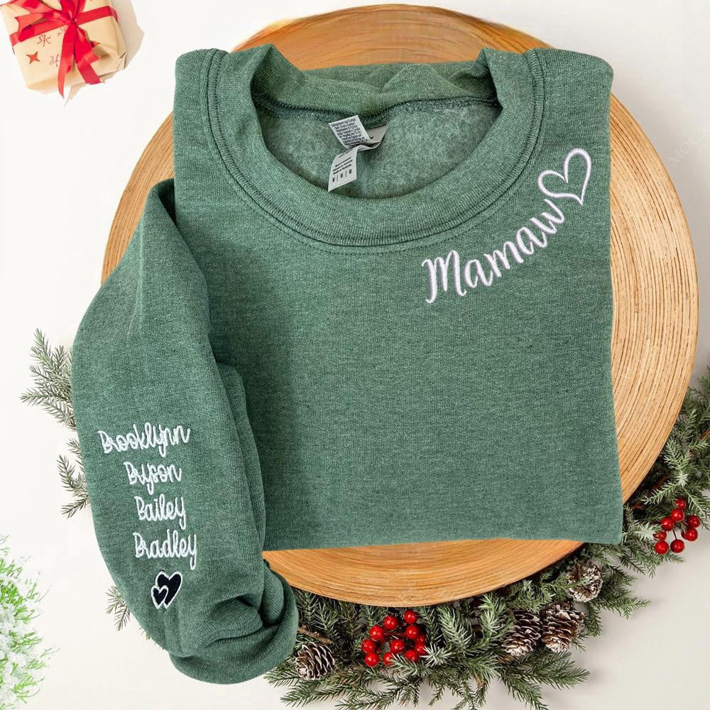 Embroidered Christmas Sweatshirts, Custom Embroidered Mamaw Sweatshirt With Names On Sleeve