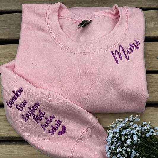 Embroidered Christmas Sweatshirts, Custom Embroidered Mimi Sweatshirt On Sleeve