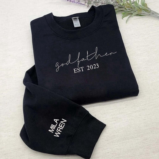 Embroidered Christmas Sweatshirts, Custom God Father Est Sweatshirt With Kids Name On Sleeve, Best Godfather Gifts From Godson