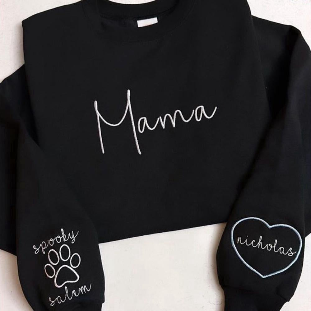 Embroidered Christmas Sweatshirts, Custom Mama Embroidery Sweatshirt, Personalized Kid Name On The Sleeve, Gift For New Mothers