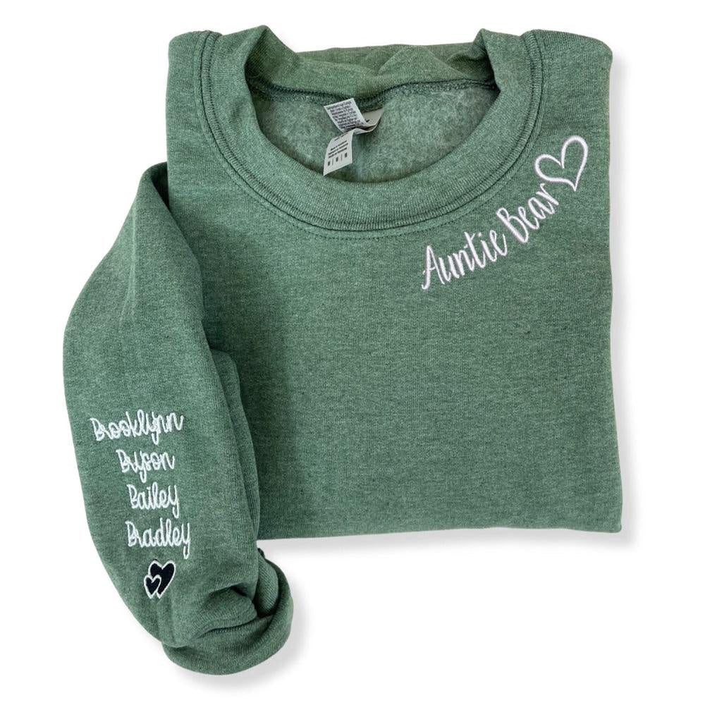Embroidered Christmas Sweatshirts, Embroidered Auntie Bear Sweatshirt With Children Name On Sleeve