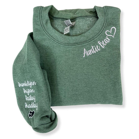 Embroidered Christmas Sweatshirts, Embroidered Auntie Bear Sweatshirt With Children Name On Sleeve