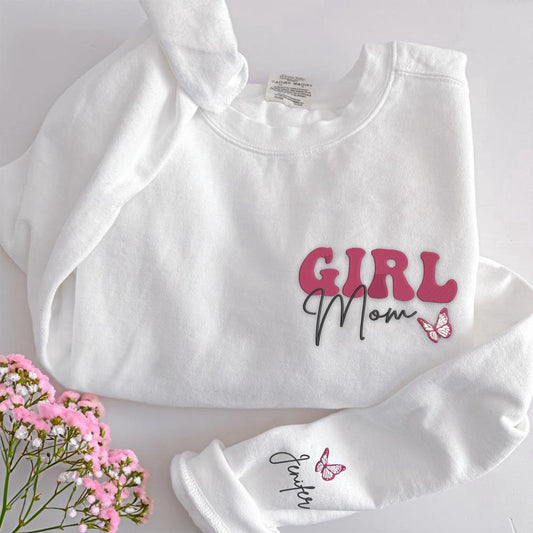 Embroidered Christmas Sweatshirts, Embroidered Girl Mom Sweatshirt With Kids Name