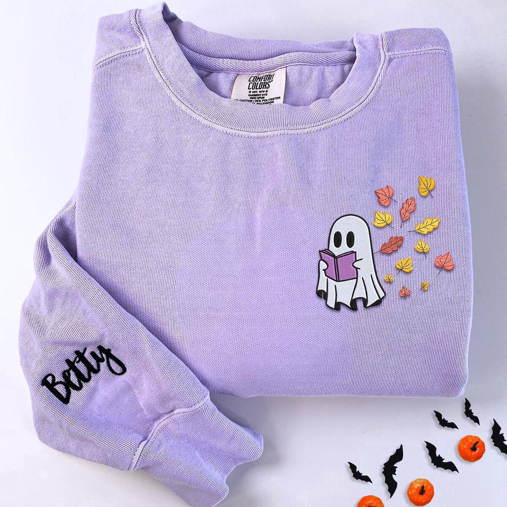 Embroidered Christmas Sweatshirts, Embroidered Halloween Ghost Book Lover 3 Sweatshirt
