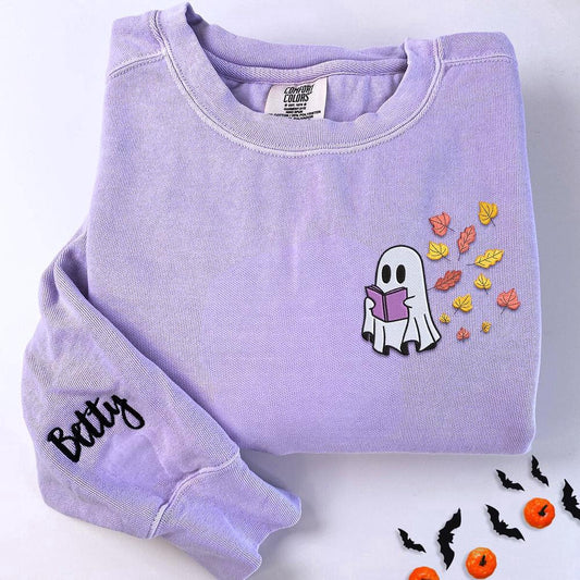 Embroidered Christmas Sweatshirts, Embroidered Halloween Ghost Book Lover 3 Sweatshirt