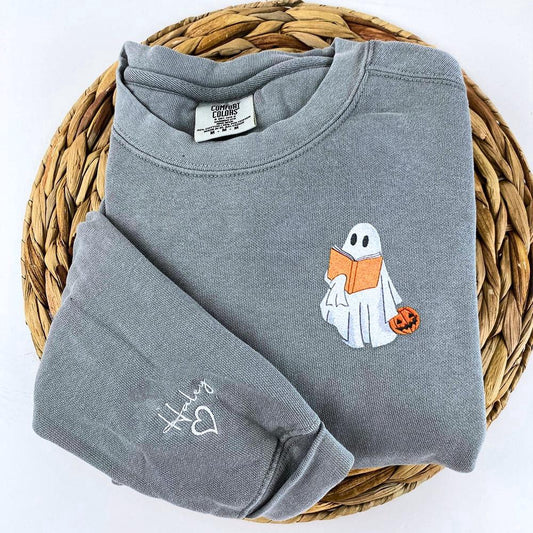 Embroidered Christmas Sweatshirts, Embroidered Halloween Ghost Book Lover 4 Sweatshirt